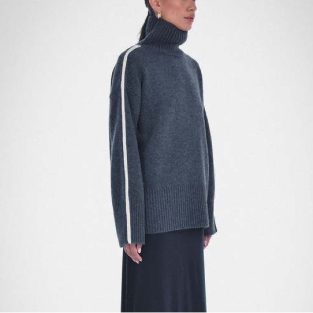 Paper Label Eira 100% Merino Wool Turtle Neck Stripe Sweater in Charcoal Grey S